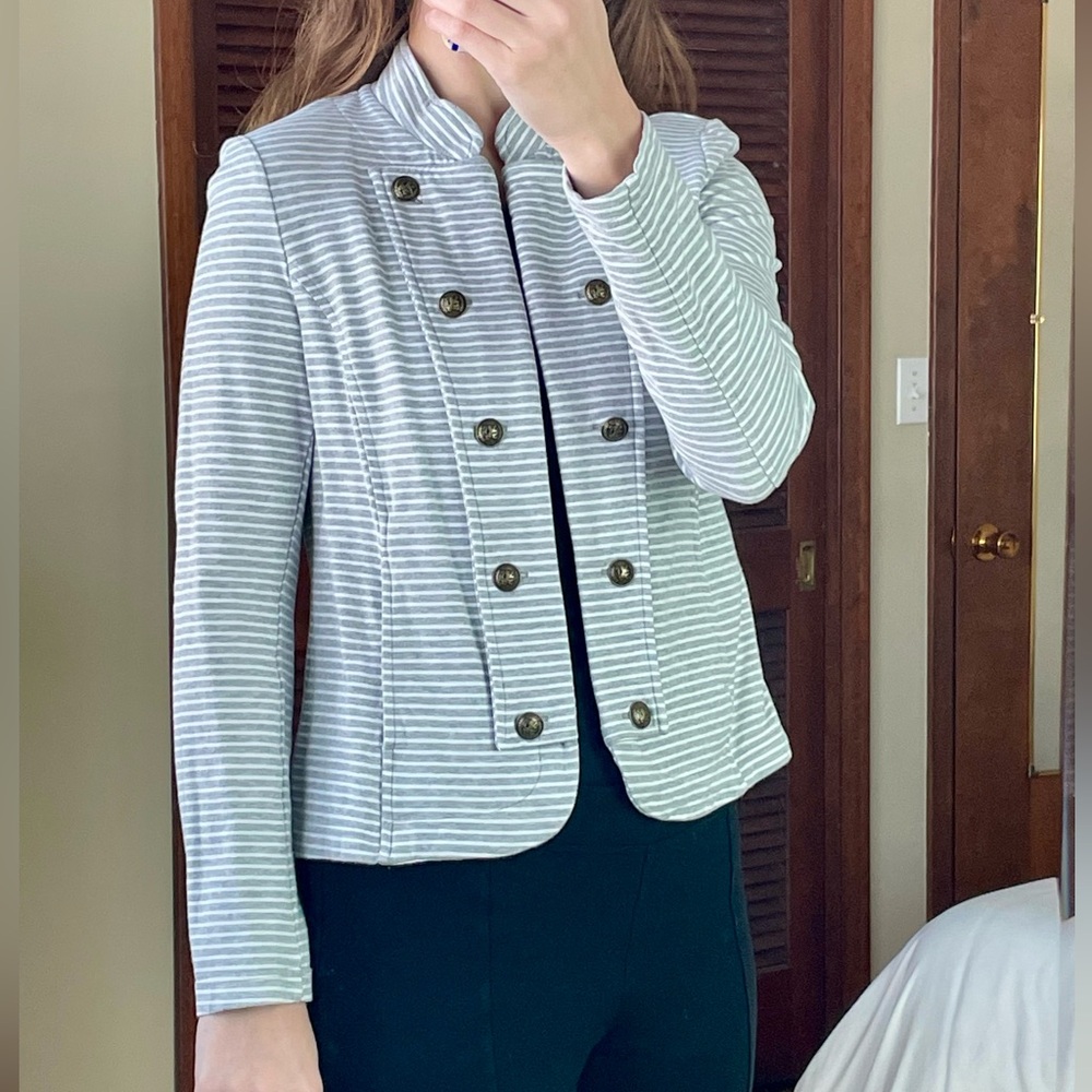 Tommy Hilfiger Military Style Gray White Stripe Blazer Medium - Picture 2 of 6
